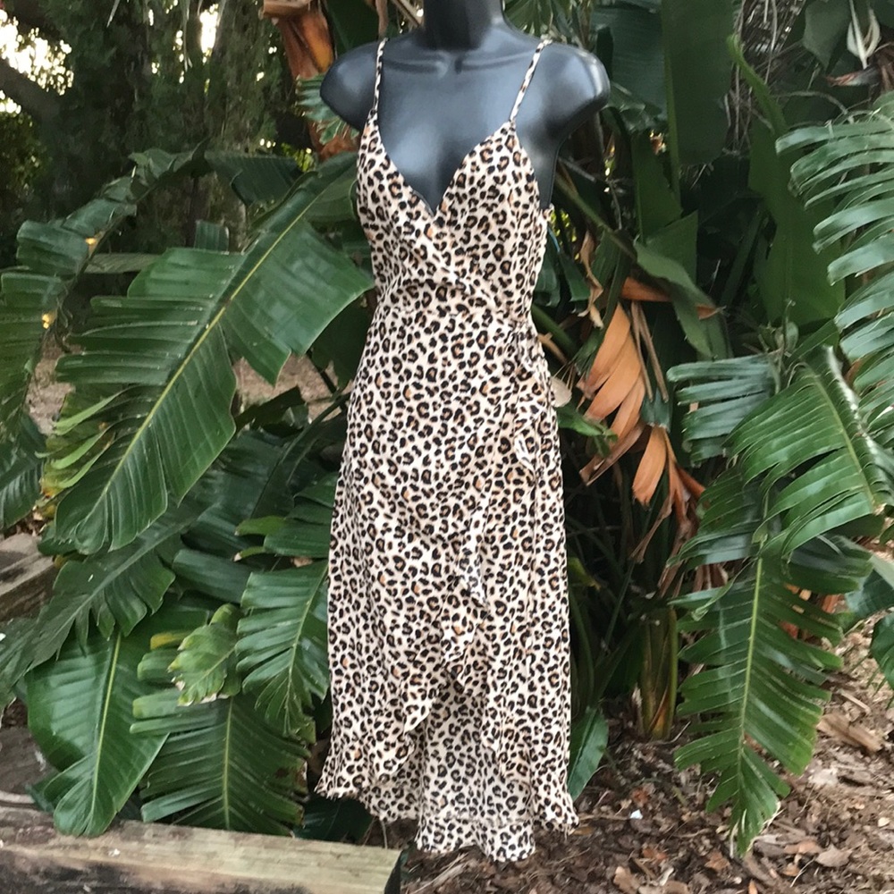 H&M leopard print asymmetric ruffle slip dress